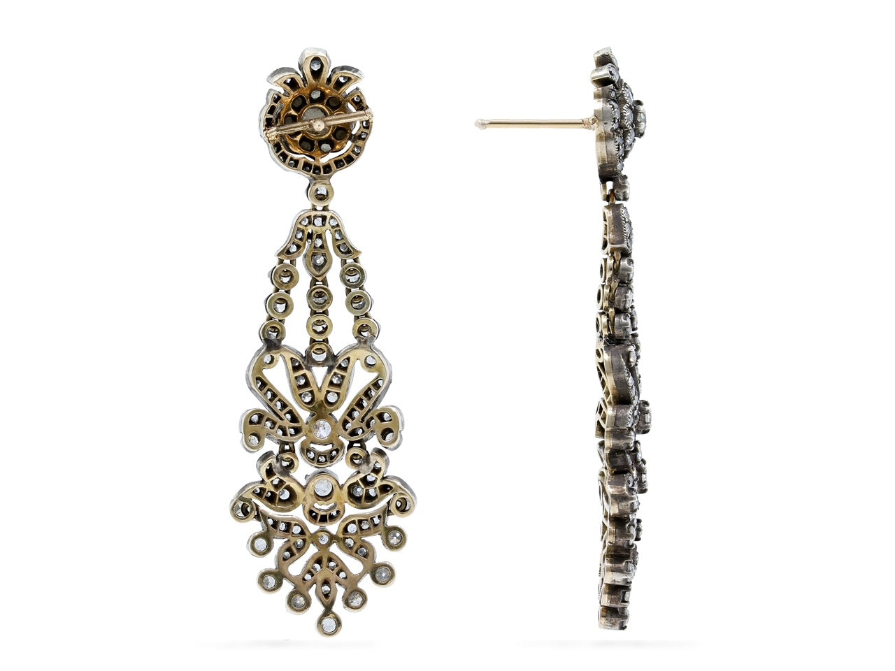Antique-Style Diamond Chandelier Earrings in Silver over Gold