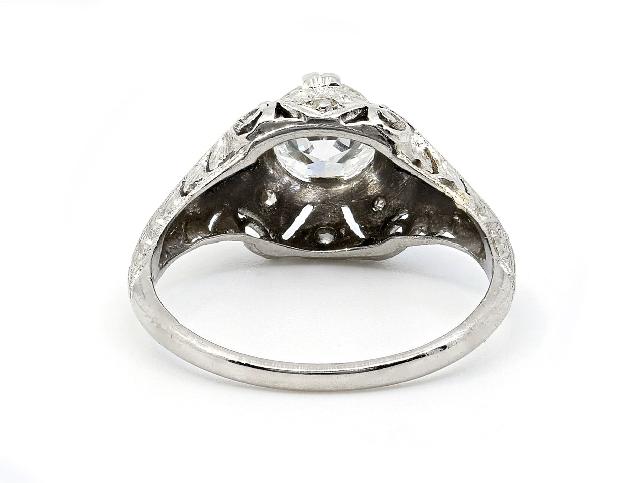 Art Deco Transitional Cut Diamond, 1.08 carat, and Sapphire Ring in Platinum