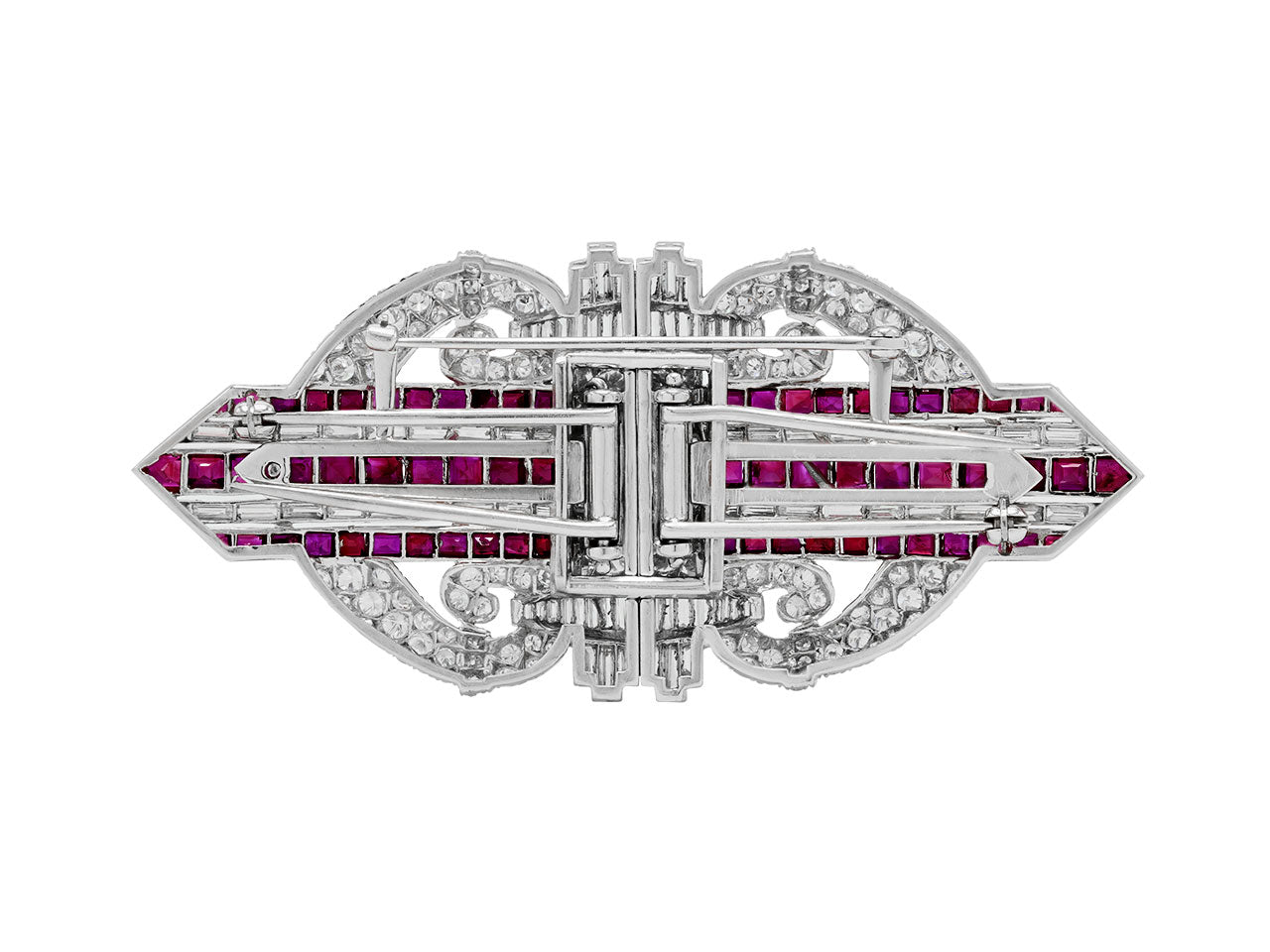Art Deco Ruby and Diamond Double Clip Brooch in Platinum