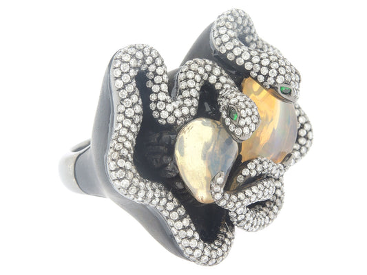 Dramatic Ebony Snake Ring with Mexican Opals and Diamonds in 18K