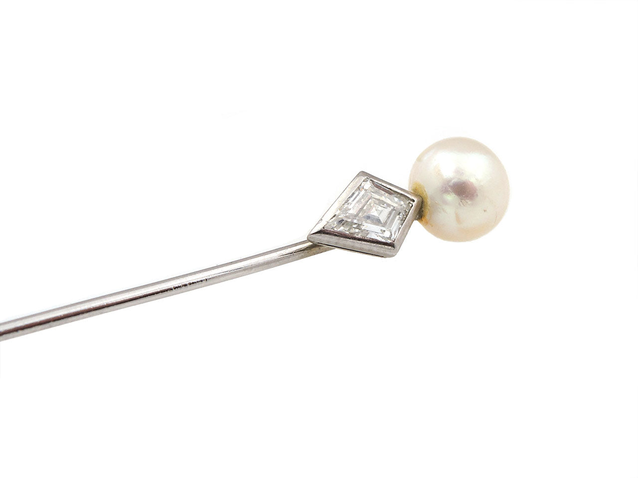 Art Deco Natural Saltwater Pearl and Diamond Pin in Platinum and White Gold