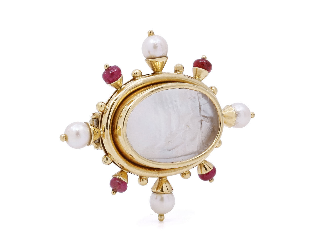 Elizabeth Locke Venetian Glass, Pearl and Ruby Intaglio Brooch in 18K Gold