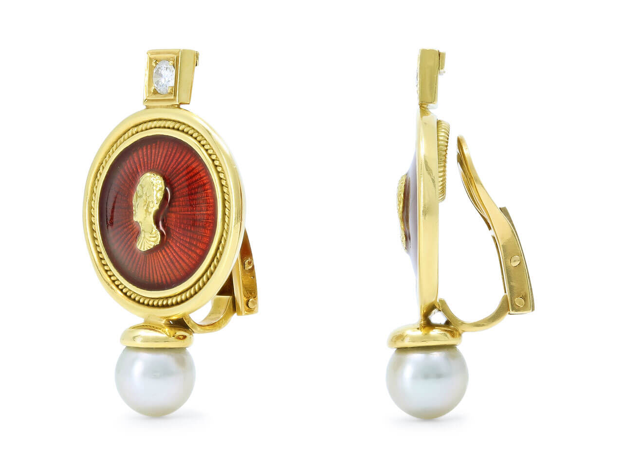 Elizabeth Gage Enamel, Diamond and Pearl Earrings in 18K Gold