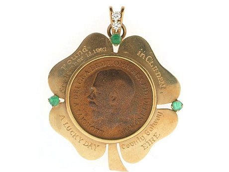 Vintage Shamrock Coin Pendant Charm with Diamonds and Emeralds