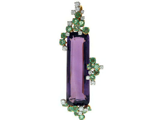 Grima Amethyst, Emerald and Diamond Brooch in 18K