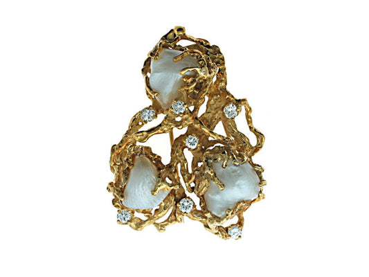 Mid-Century Arthur King Pearl and Diamond Brooch in 18K Yellow Gold