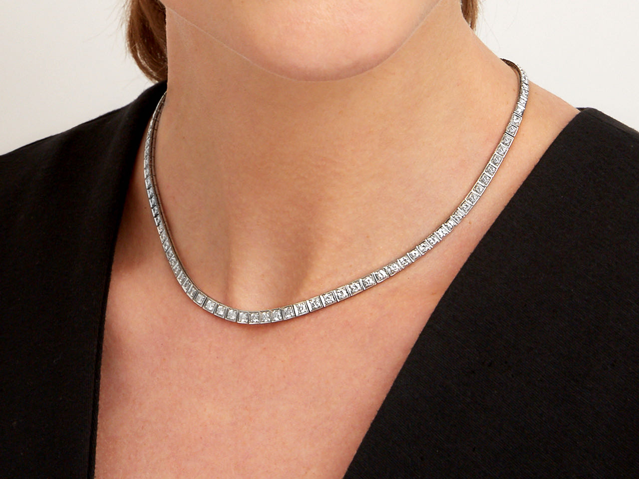Waslikoff Art Deco Diamond Rivière Necklace in Platinum