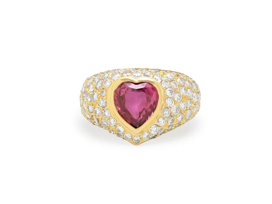 Ruby Heart and Diamond Ring in 18K Gold