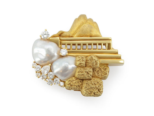 Henry Dunay Diamond and Baroque Pearl Landscape Brooch in 18K Gold