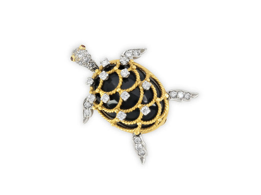 Hammerman Brothers Onyx Turtle Brooch in 18K Gold and Platinum