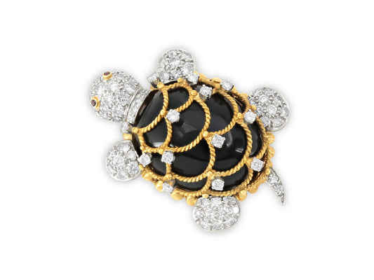 Hammerman Brothers Onyx Turtle Brooch in 18K Gold and Platinum