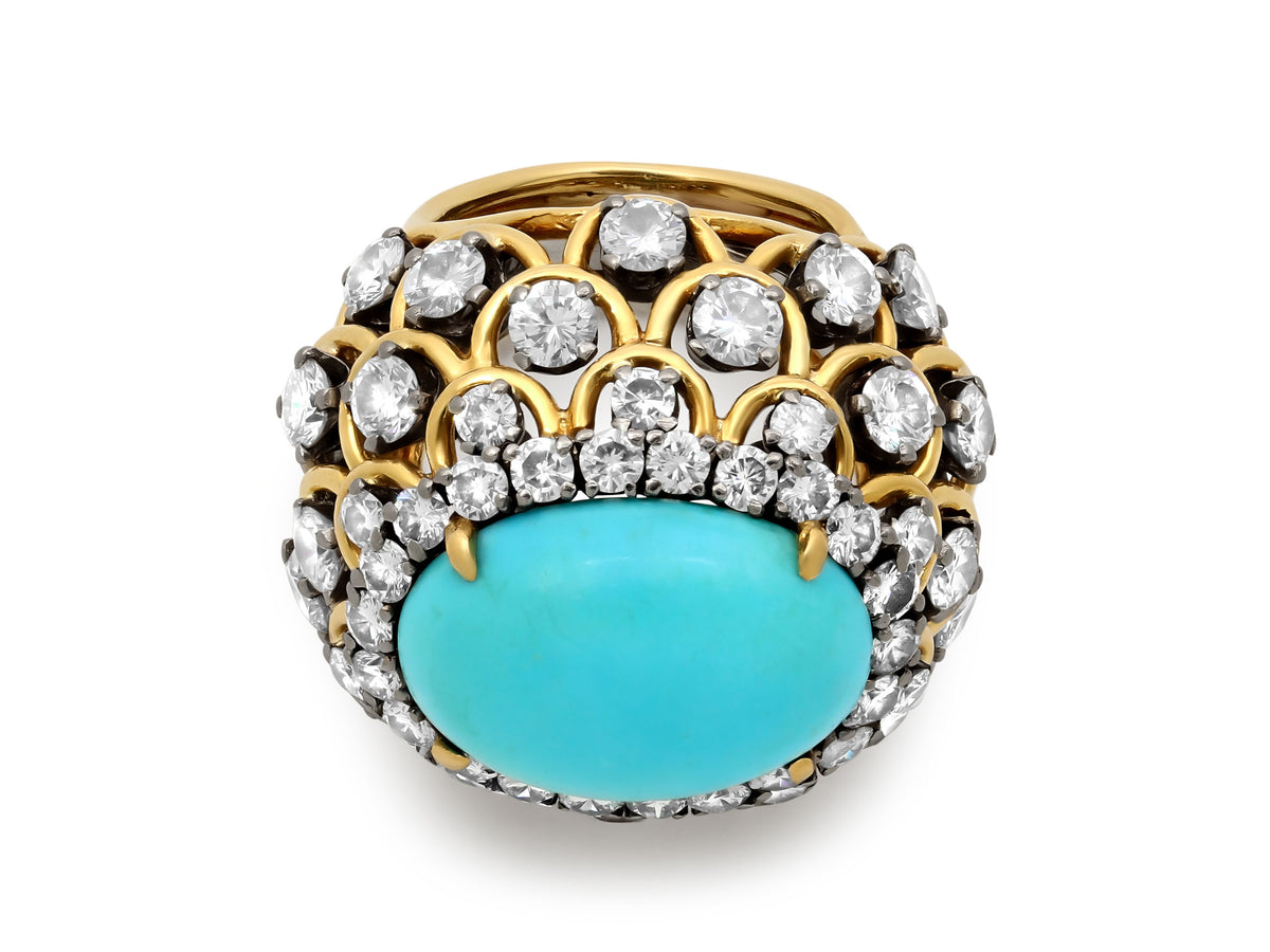 David Webb Turquoise and Diamond Ring in 18K Gold