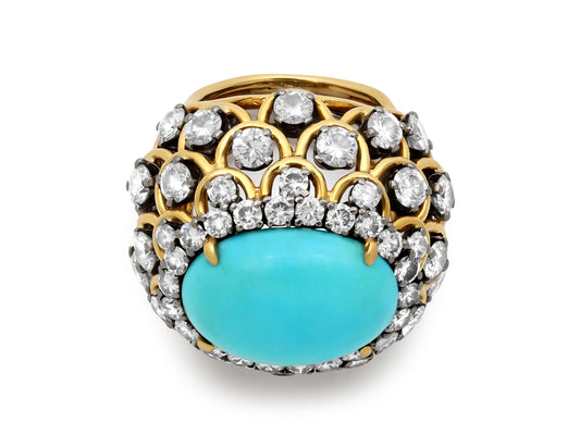 David Webb Turquoise and Diamond Ring in 18K Gold