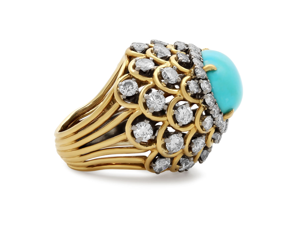 David Webb Turquoise and Diamond Ring in 18K Gold