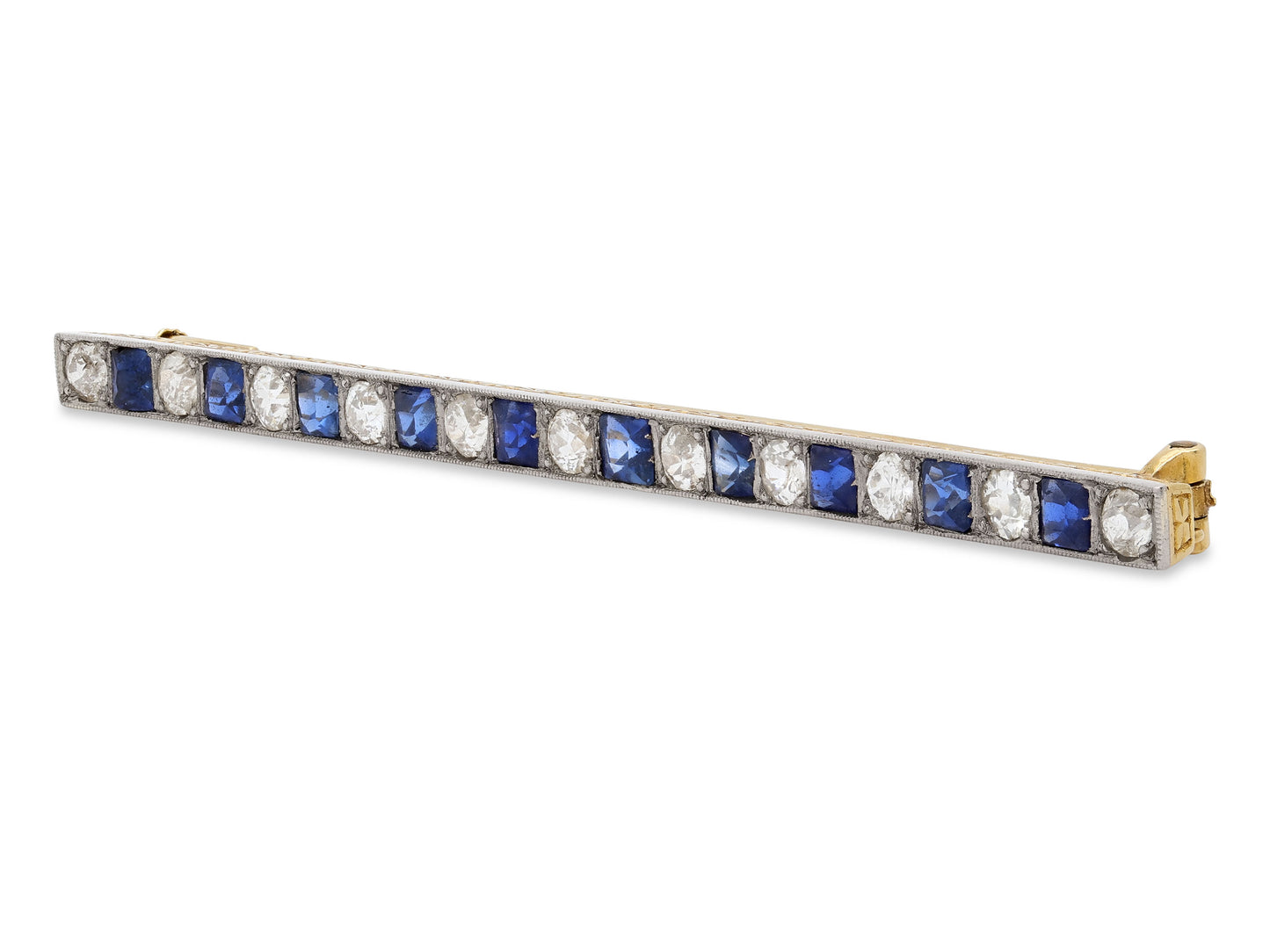 Antique Edwardian Diamond and Sapphire Bar Brooch in 18K Gold