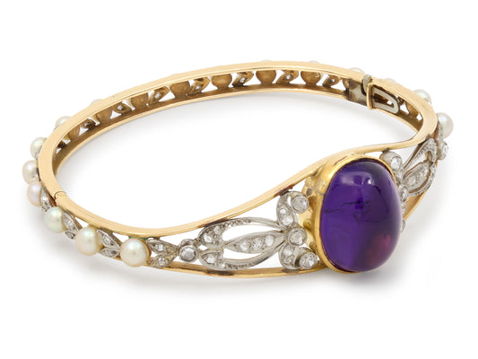 Antique Edwardian Black Starr & Frost Amethyst, Diamond and Pearl Bangle Bracelet in 14K Gold and Platinum