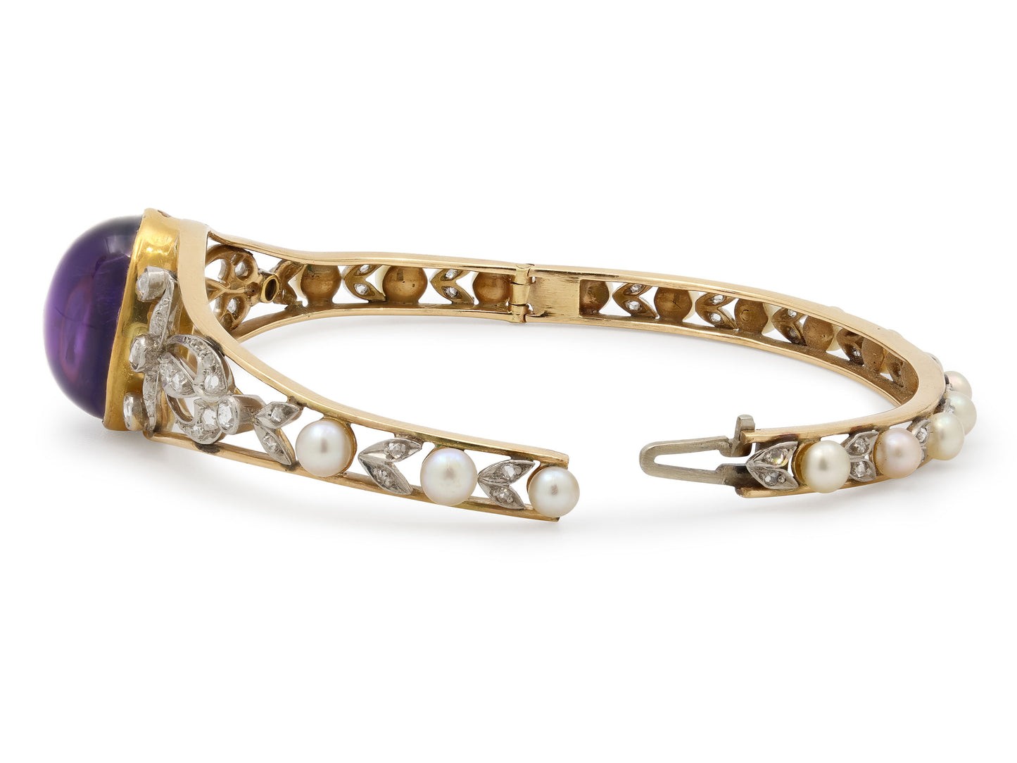 Antique Edwardian Black Starr & Frost Amethyst, Diamond and Pearl Bangle Bracelet in 14K Gold and Platinum