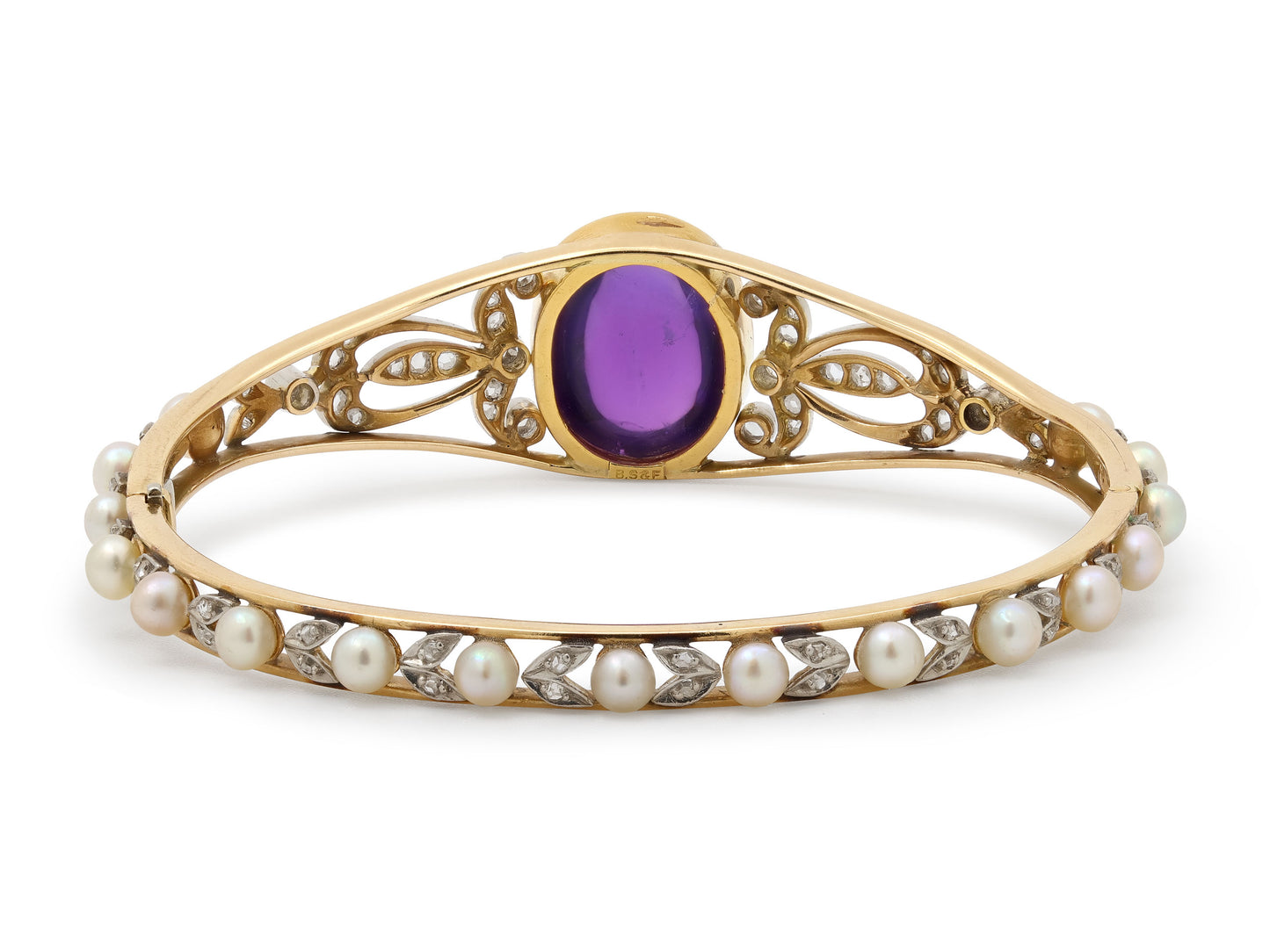 Antique Edwardian Black Starr & Frost Amethyst, Diamond and Pearl Bangle Bracelet in 14K Gold and Platinum