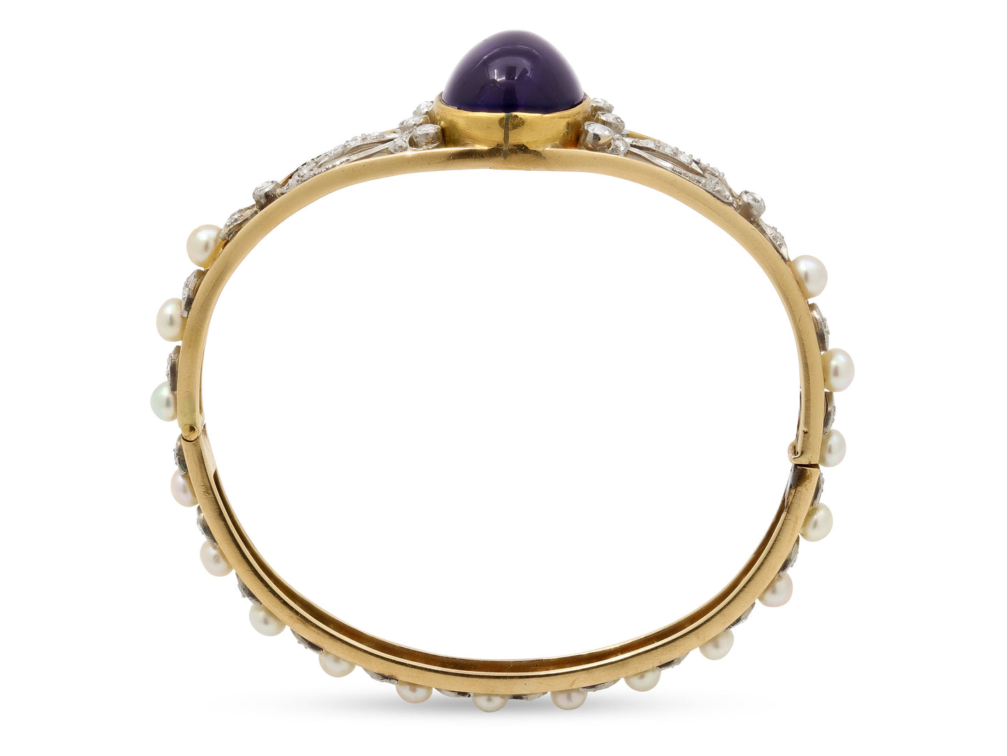 Antique Edwardian Black Starr & Frost Amethyst, Diamond and Pearl Bangle Bracelet in 14K Gold and Platinum