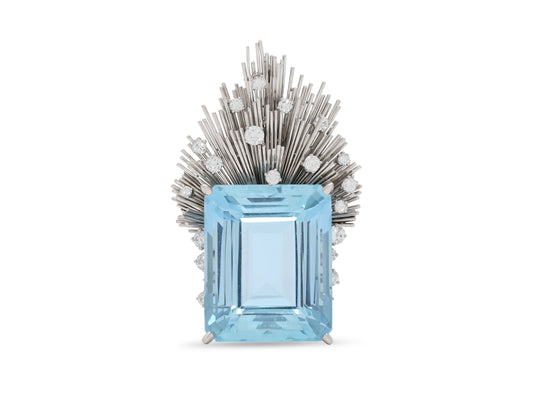 Mid-Century Meister Aquamarine and Diamond Brooch in 18K White Gold