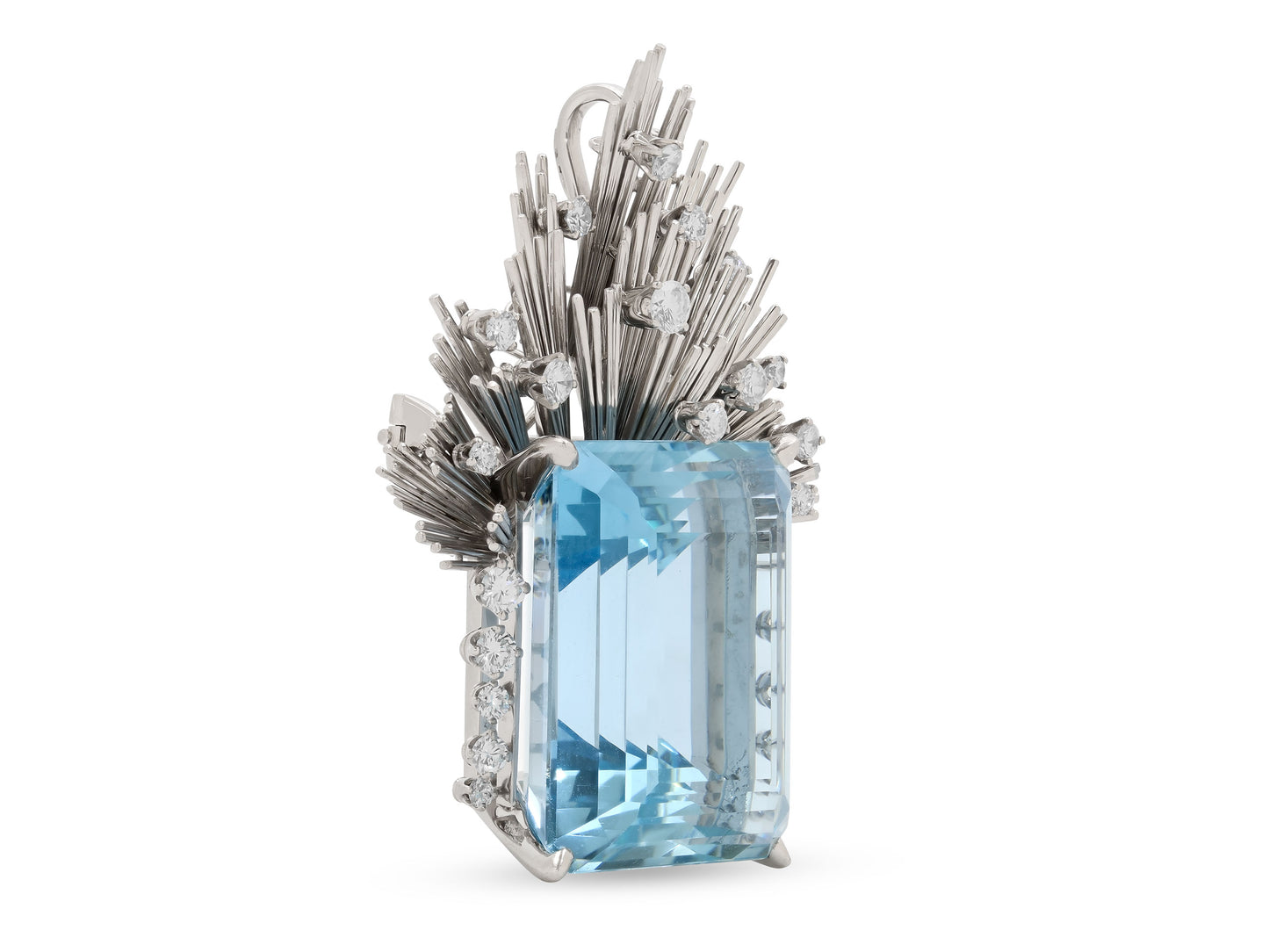 Mid-Century Meister Aquamarine and Diamond Brooch in 18K White Gold