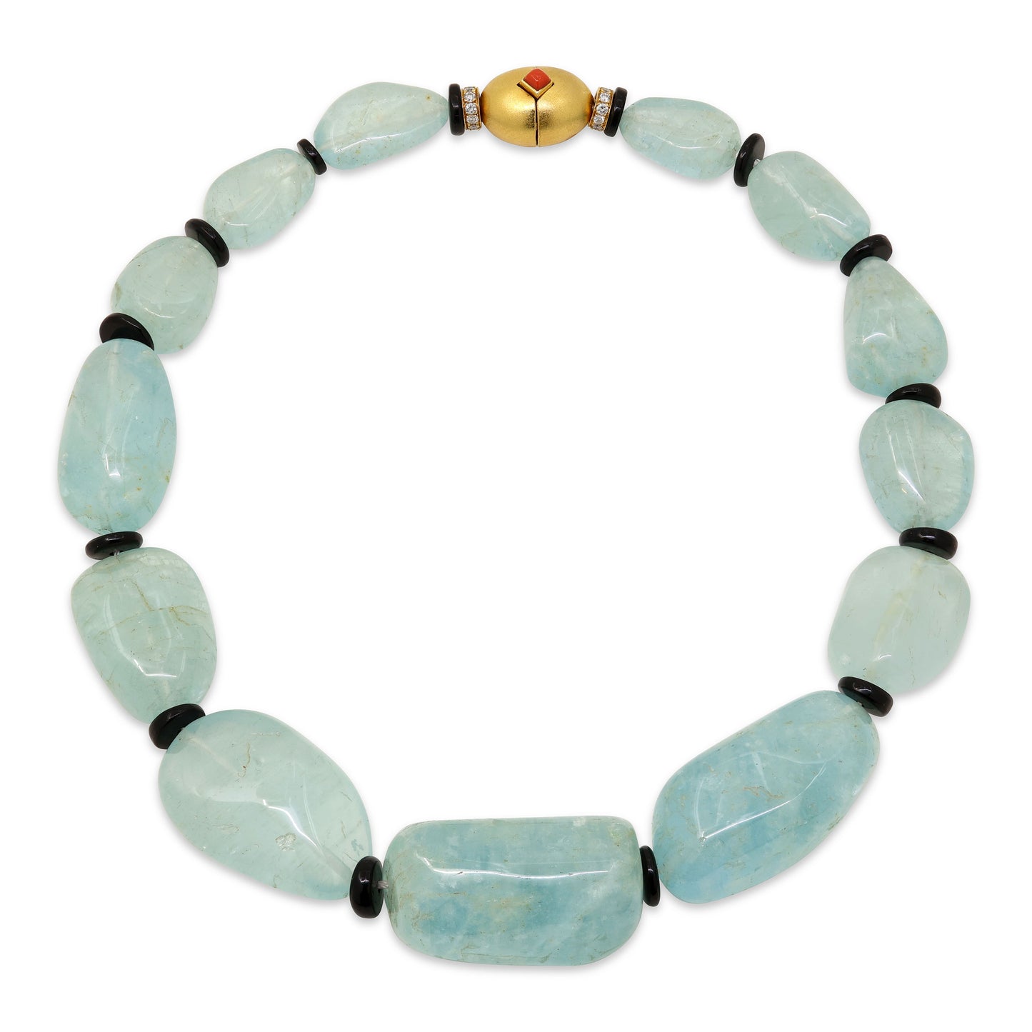 Aquamarine Bead Necklace with 18K Gold and Diamond Clasp