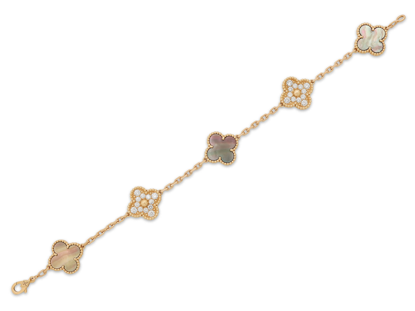 Van Cleef & Arpels 'Vintage Alhambra' Diamond and Mother-Of-Pearl Bracelet, 5 Motifs, in 18K Rose Gold