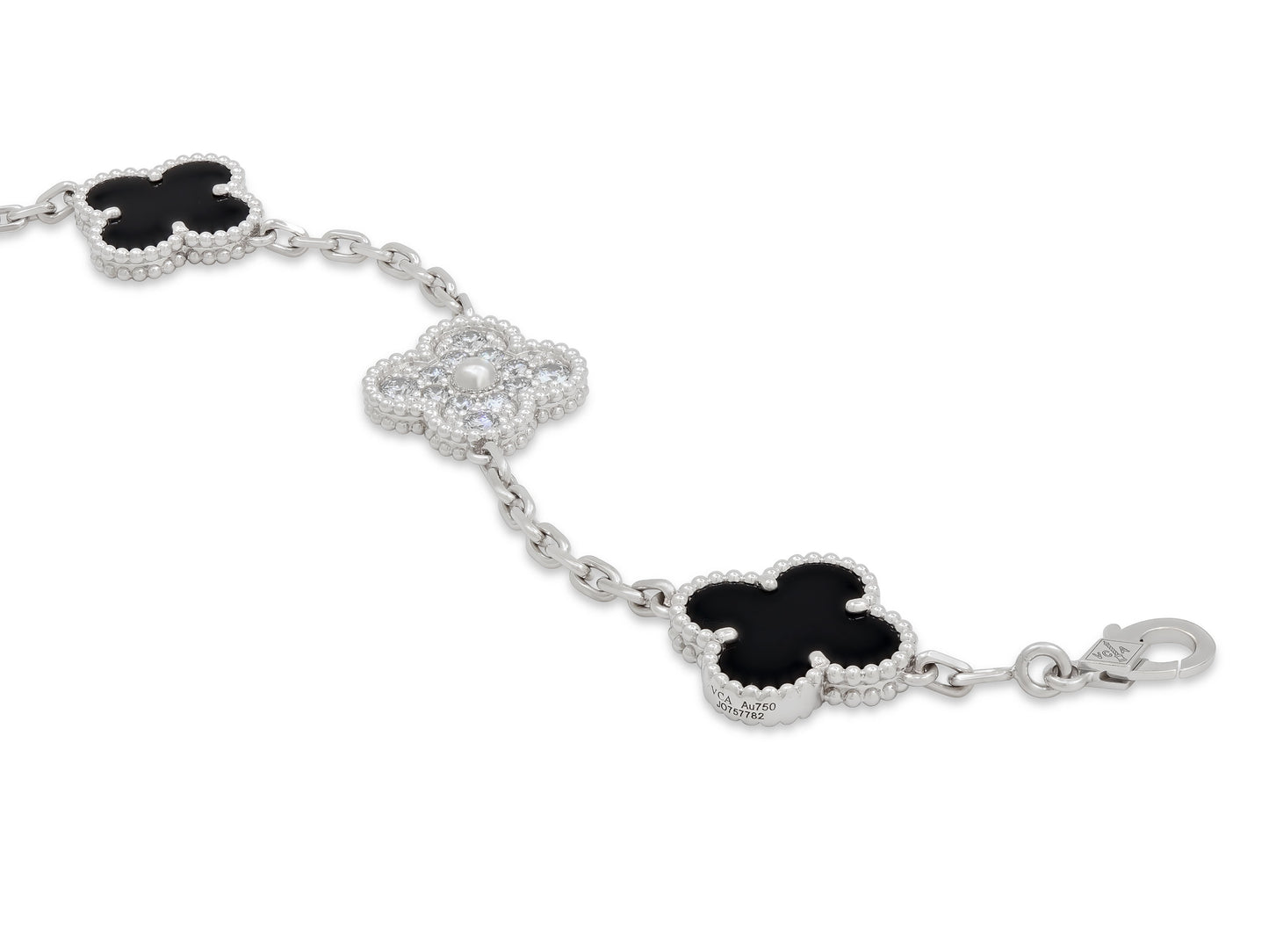 Van Cleef & Arpels 'Vintage Alhambra' Diamond and Onyx Bracelet, 5 Motifs, in 18K White Gold