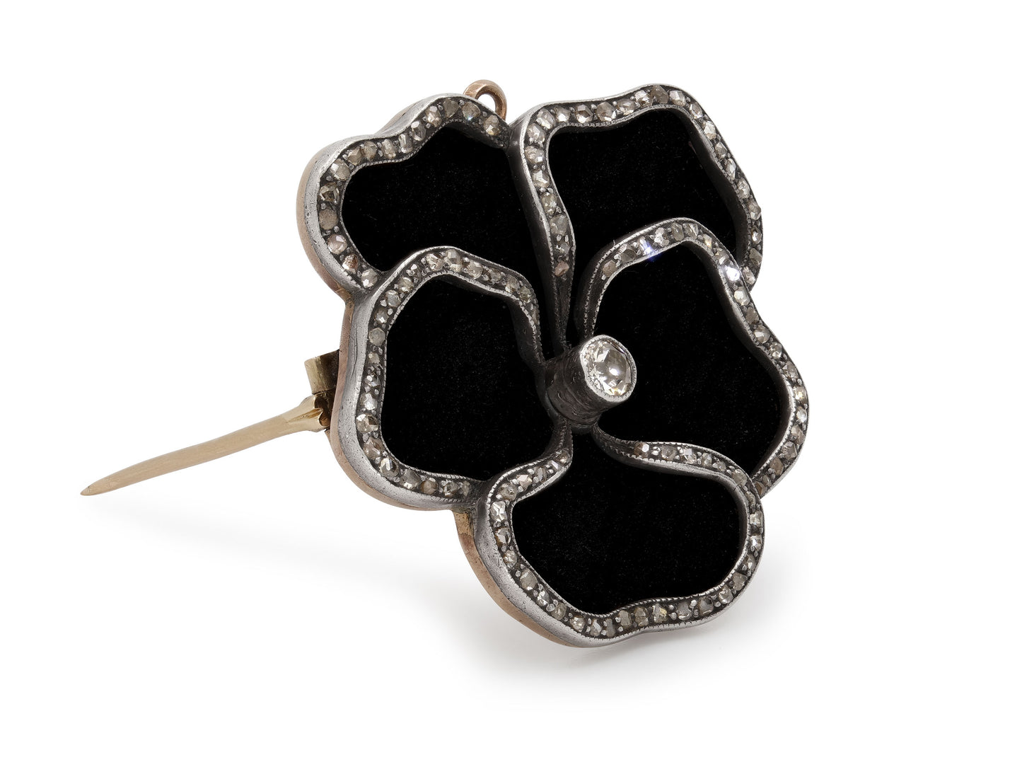 Antique Victorian Diamond and Velvet Brooch in Silver over Gold