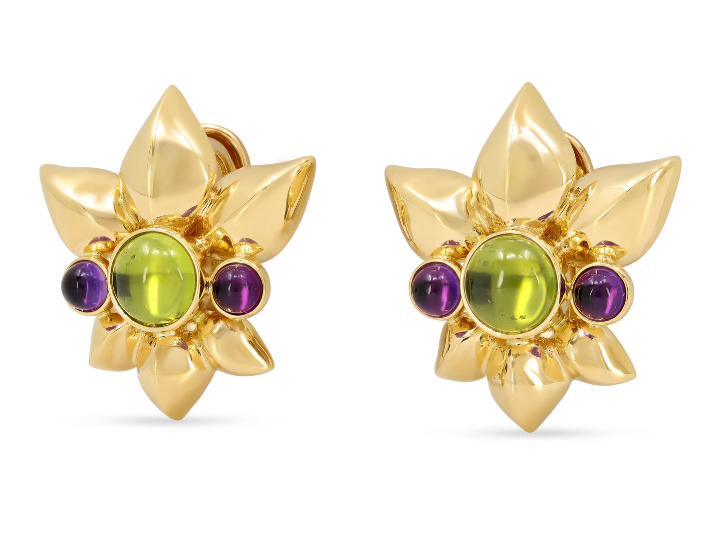 Verdura Peridot and Amethyst Floral Earrings in 18k Gold