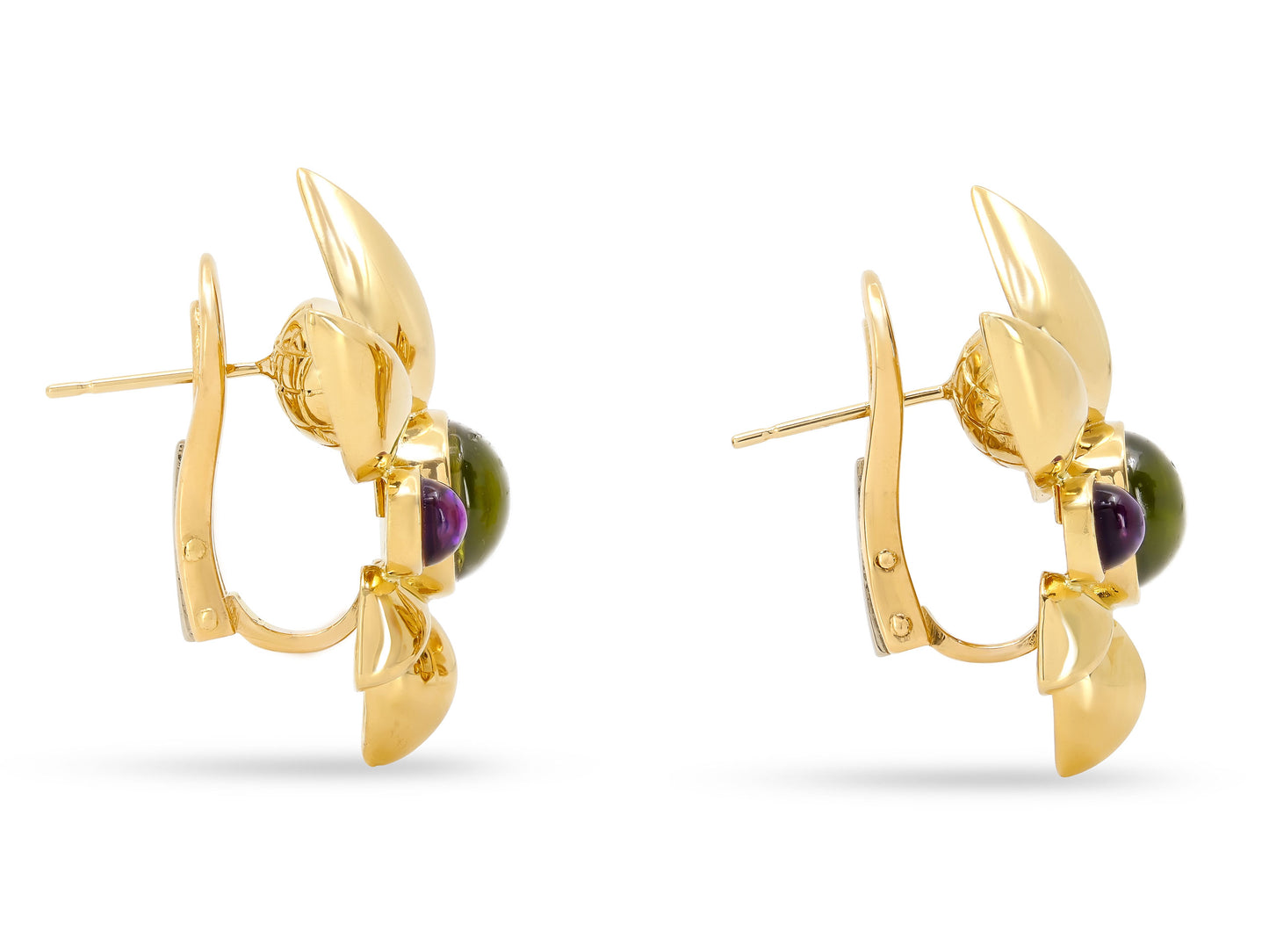 Verdura Peridot and Amethyst Floral Earrings in 18k Gold