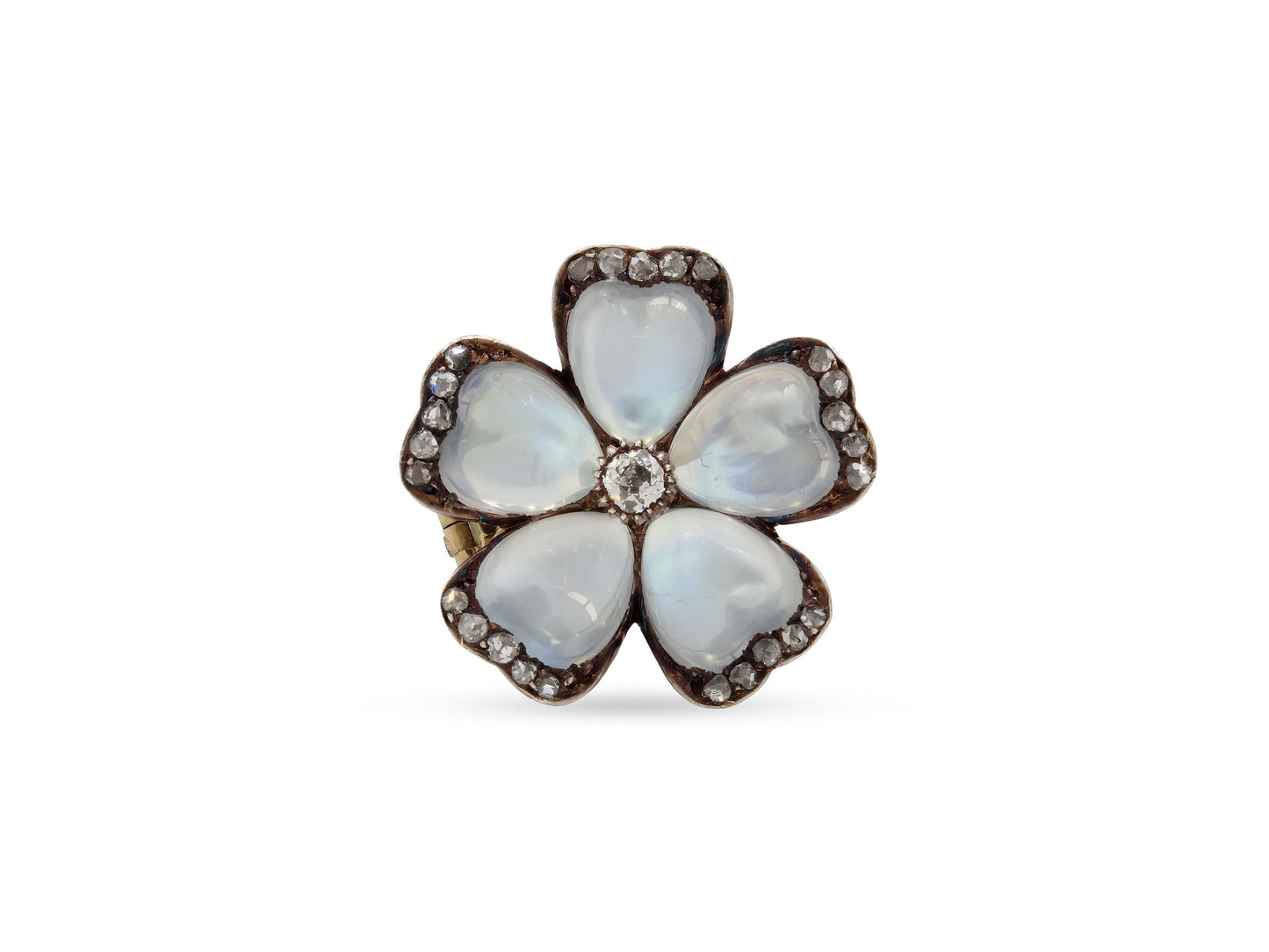 Antique Victorian Moonstone and Diamond Flower Brooch in Silver over Gold
