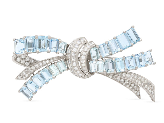 Mid-Century Aquamarine and Diamond Bow Brooch in Platinum