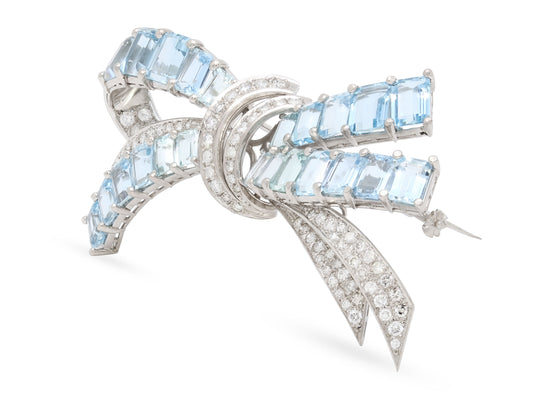 Mid-Century Aquamarine and Diamond Bow Brooch in Platinum