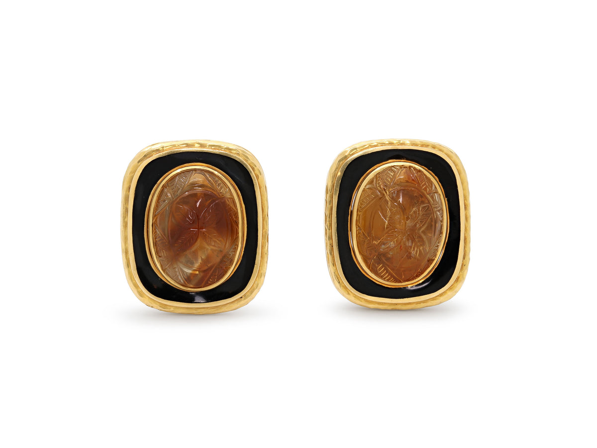David Webb Carved Citrine and Enamel Earrings in 18K Gold