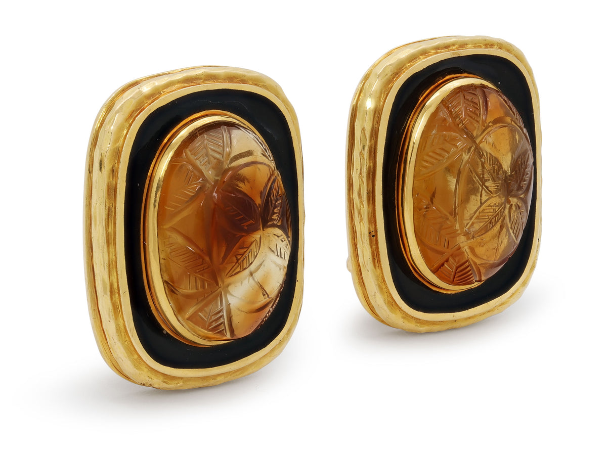 David Webb Carved Citrine and Enamel Earrings in 18K Gold