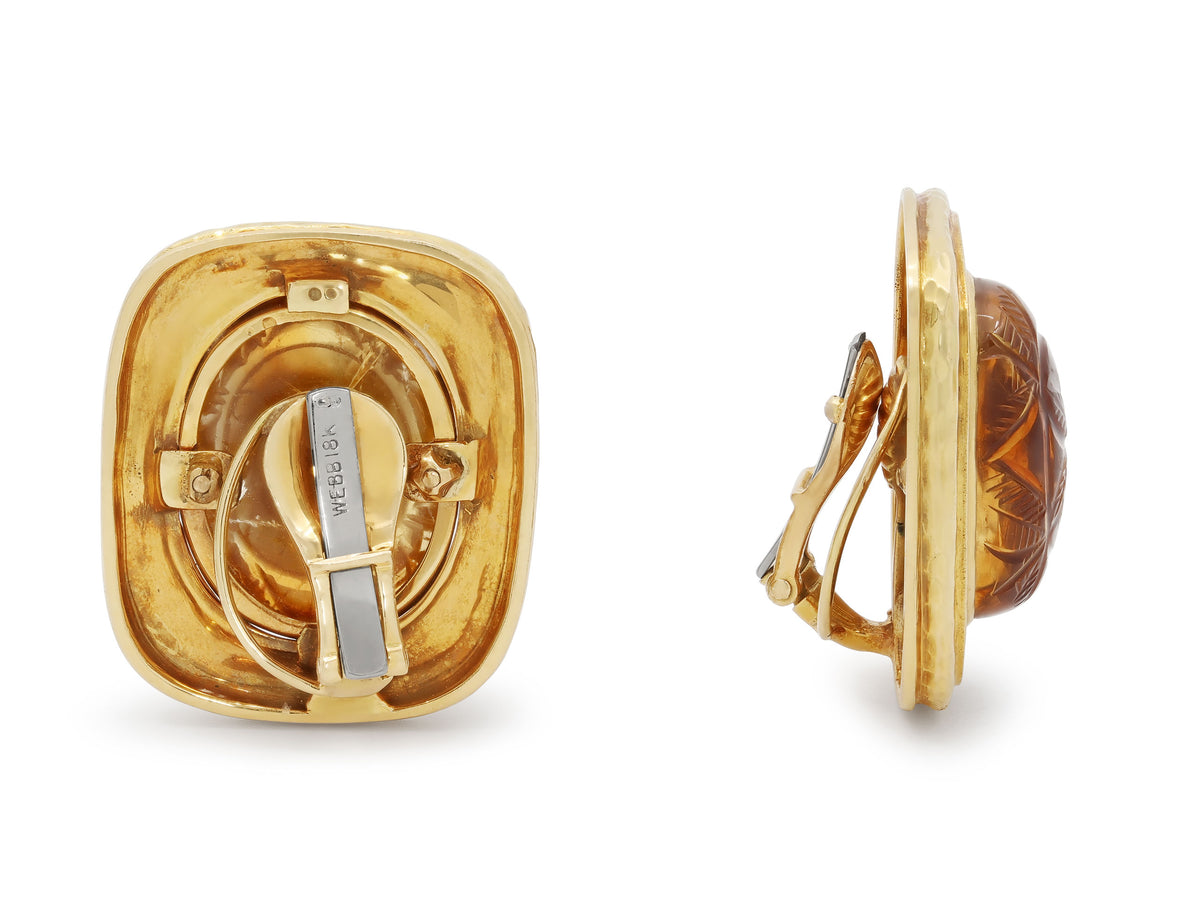 David Webb Carved Citrine and Enamel Earrings in 18K Gold
