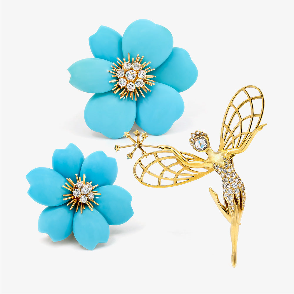 Van Cleef & Arpels blue flower brooches and diamond fairy brooch