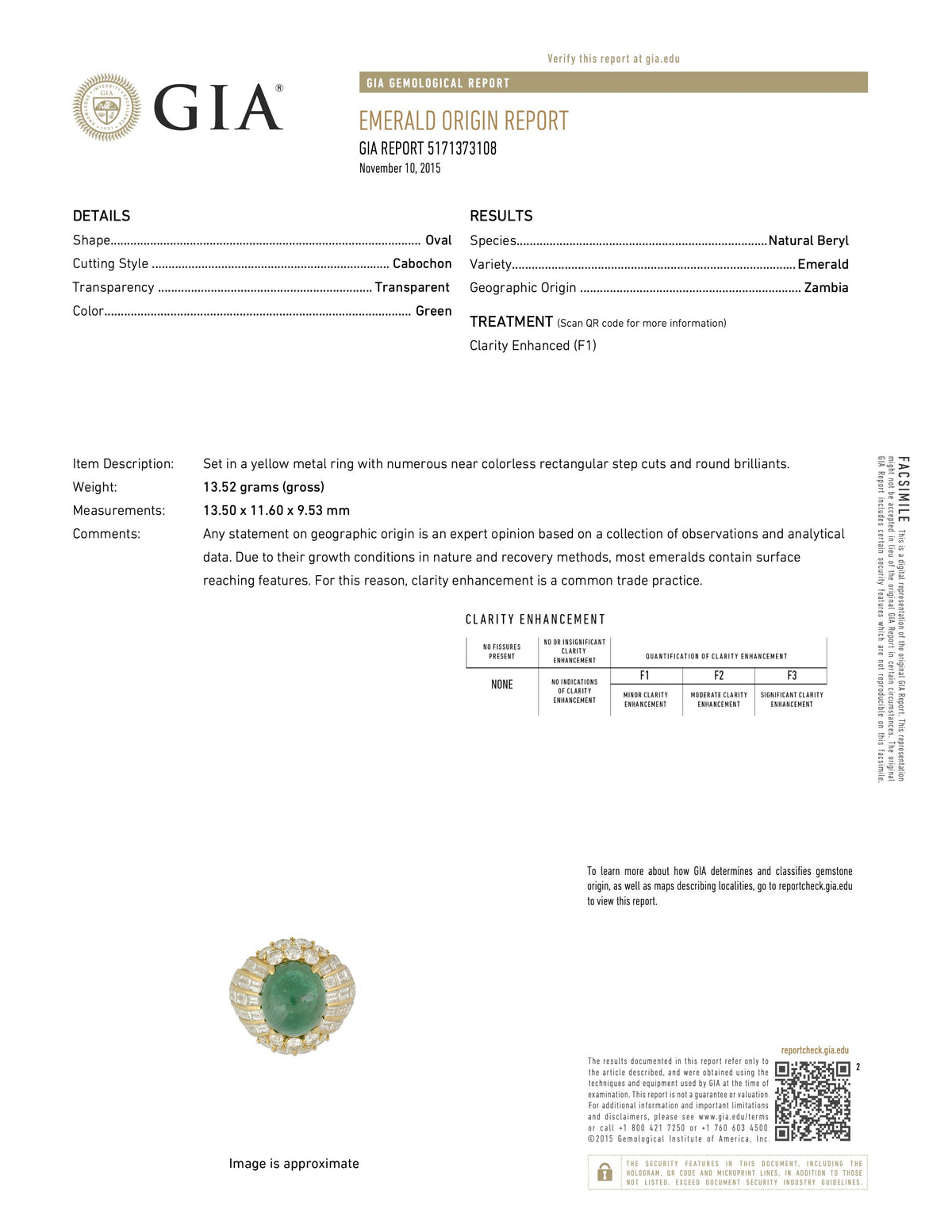  report image for Cabochon Emerald, 10.00 Carat Zambian, and Diamond Ring in 18K Yellow Gold