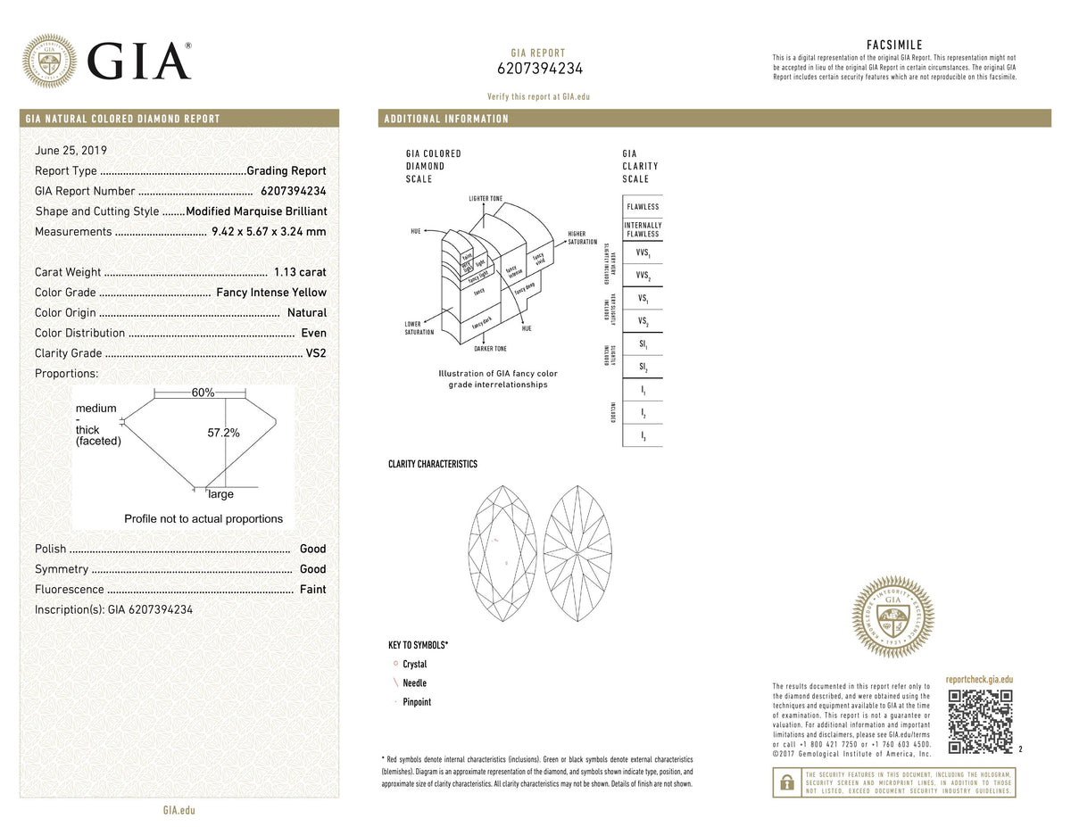  report image for Beladora 'Bespoke' Marquise Fancy Intense Yellow Diamond, 1.13 carats, Ring in Platinum and 18K Gold