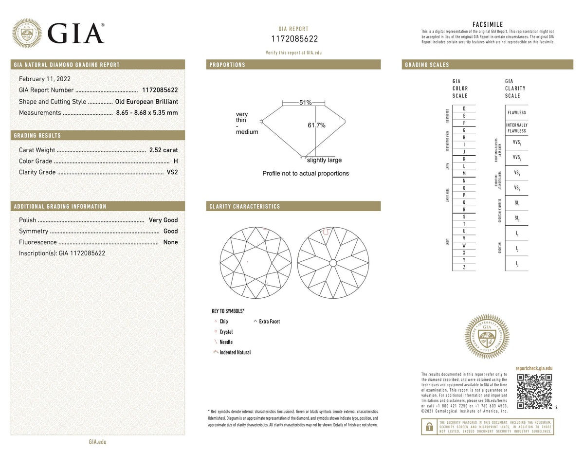  report image for Old European-Cut Diamond Ring, 2.52 carat H/VS2, in 18K Gold
