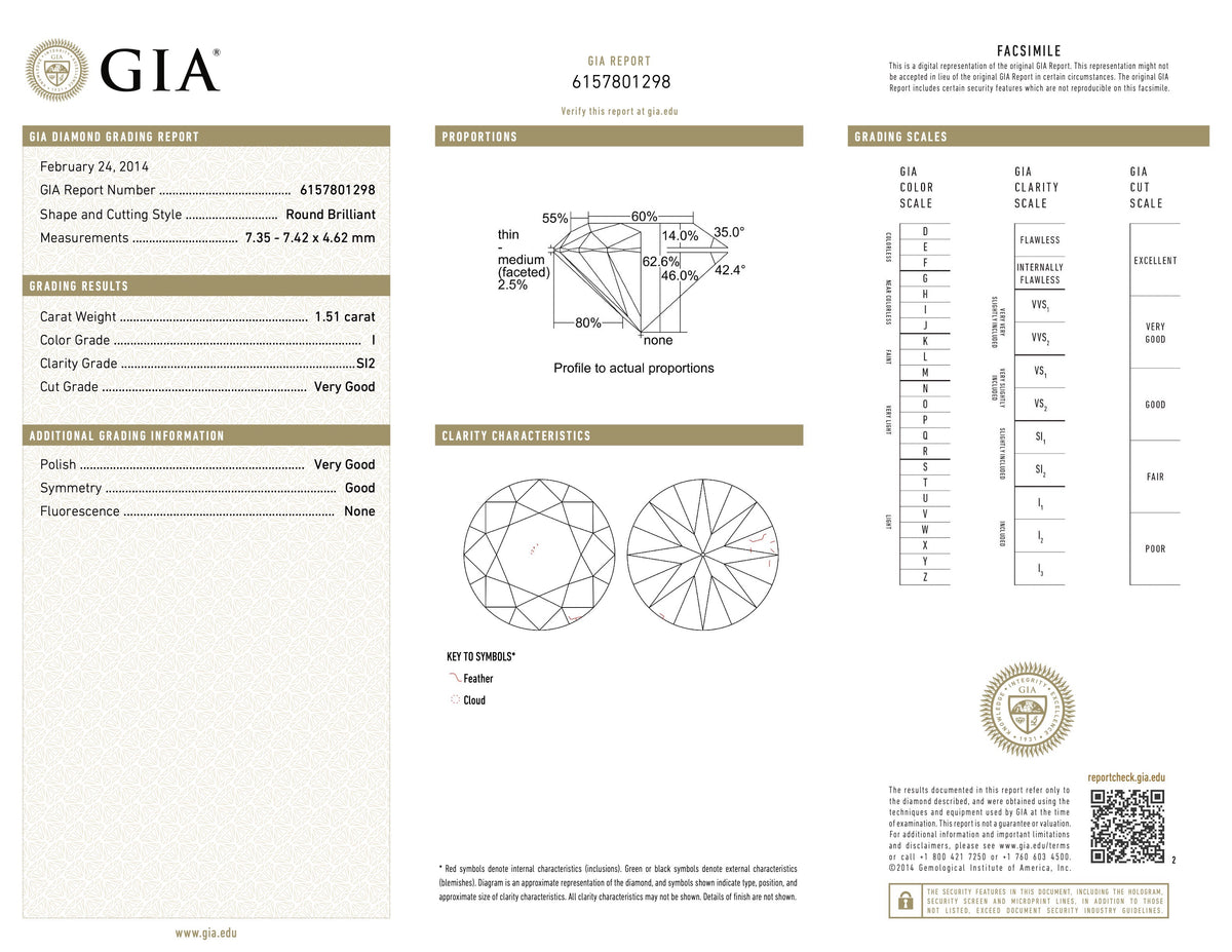  report image for Diamond Solitaire Ring, 1.51 carats I/SI-2, in 18K White Gold