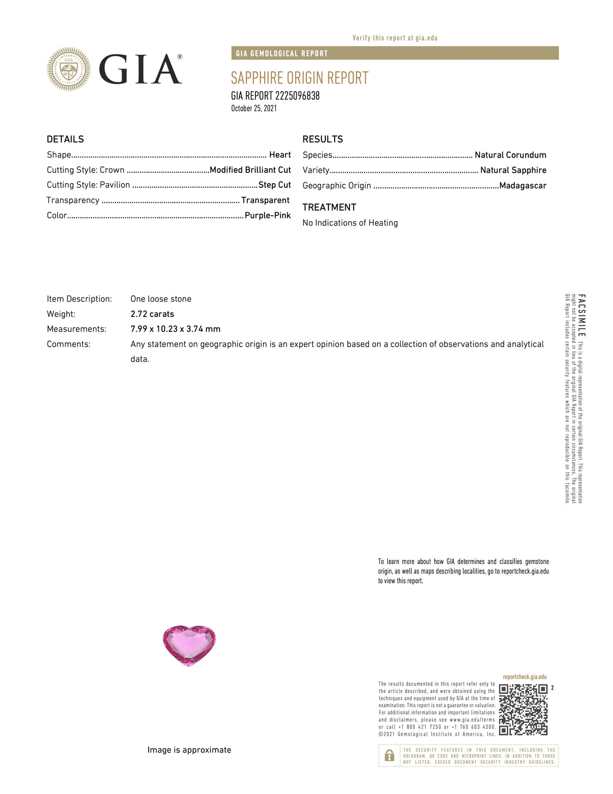  report image for Beladora 'Bespoke' Heart-shape Pink Sapphire, 2.72 carats No Heat, Pendant in 18K Gold
