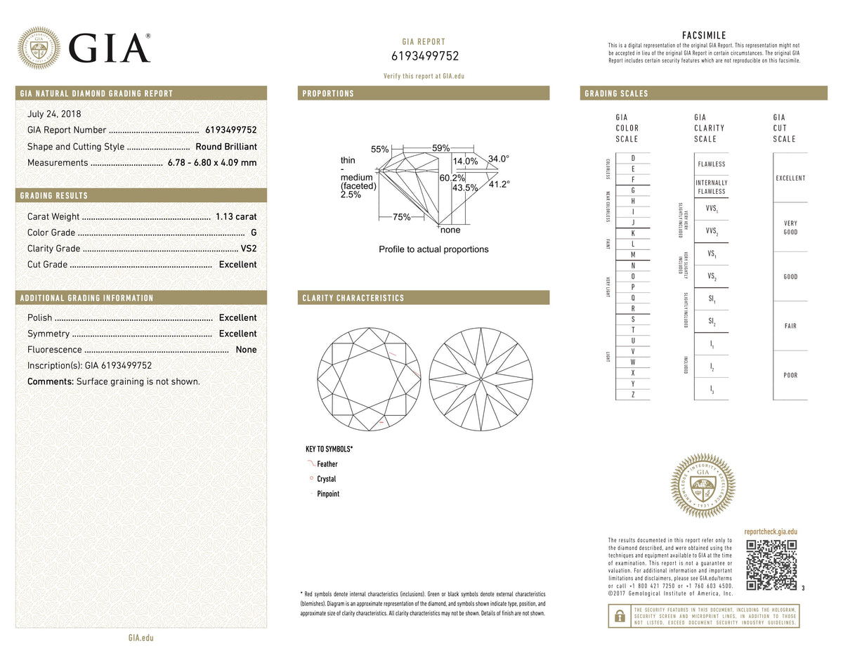  report image for 1.13 Carat G/VS2 Round Brilliant-cut Diamond, in a Platinum Band