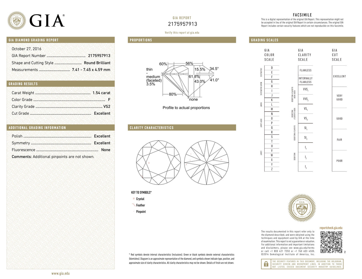  report image for 1.54 Carat F/VS2 Round Brilliant-cut Diamond, in a Platinum Band