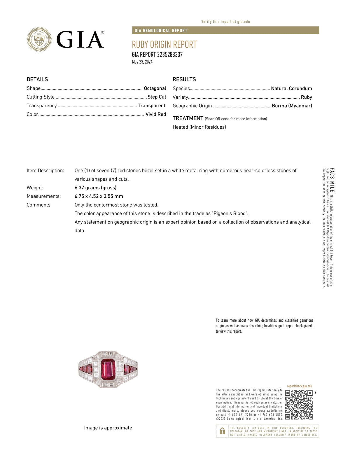  report image for Burma Ruby, Heated, and Diamond Ring in Platinum