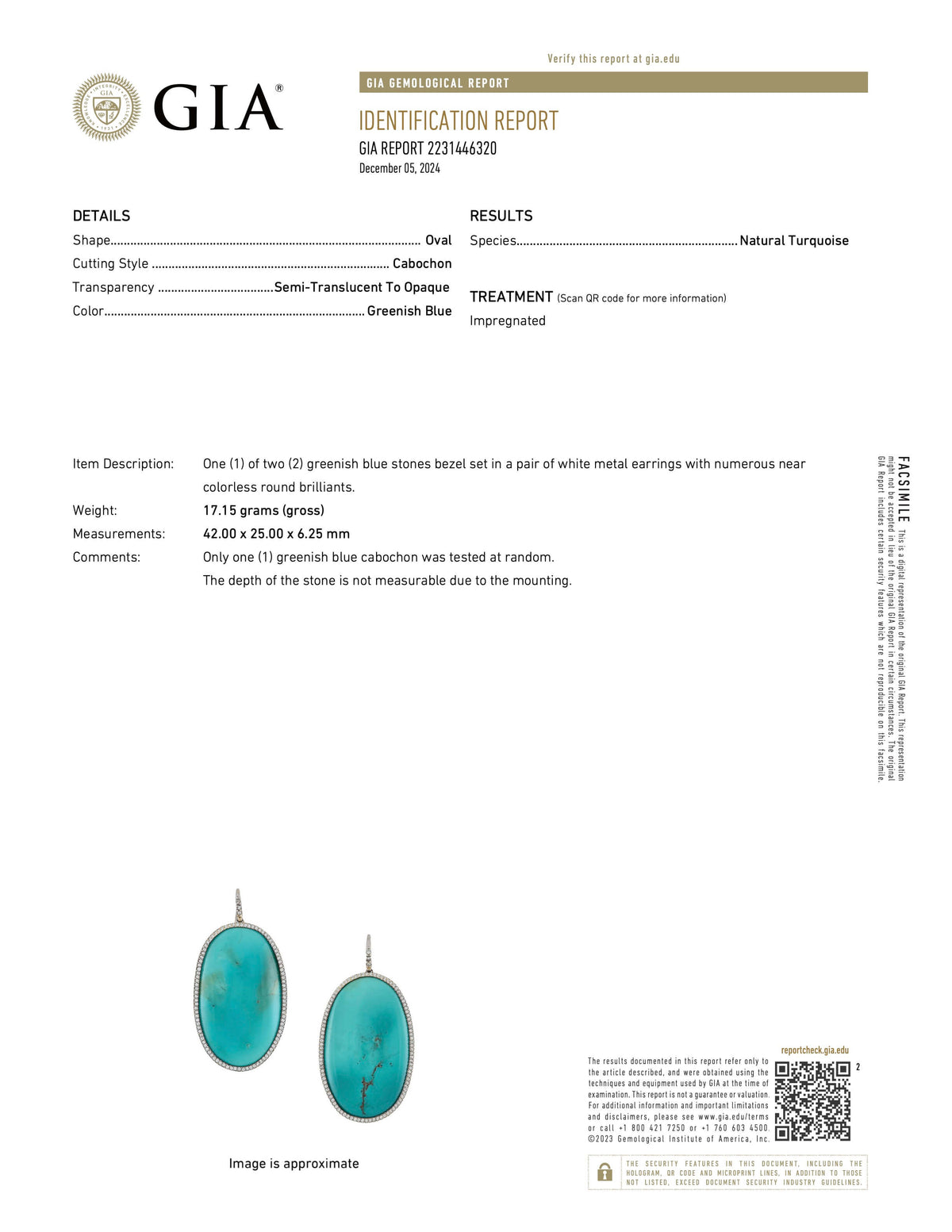  report image for Turquoise and Diamond Earrings in 18K White Gold