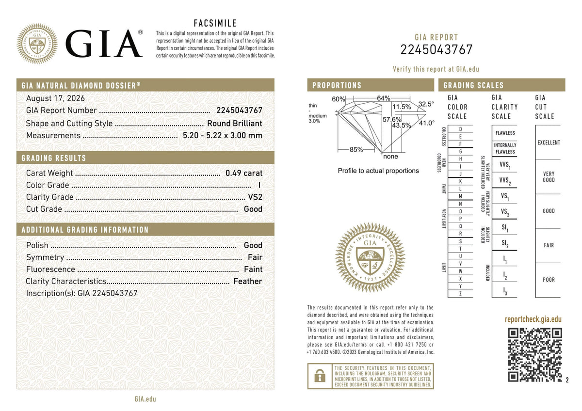 GIA 2245043767 report image for Diamond Stud Earrings, 1.00 total carat, in 18K Gold