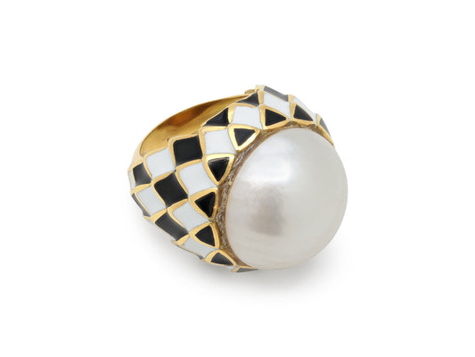 David Webb Enamel 'Harlequin' Pearl Ring in 18K Gold
