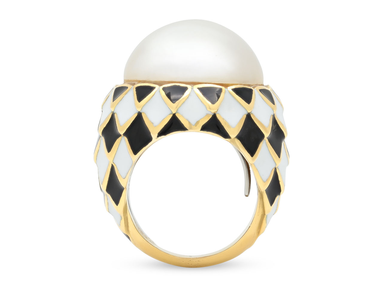 David Webb Enamel 'Harlequin' Pearl Ring in 18K Gold